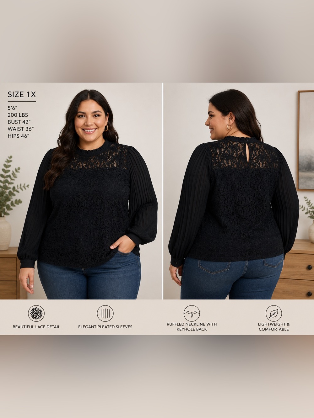 Sz 1X Elegant Lace Pleated Sleeve Blouse with Keyhole Back Vivid